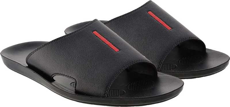Aerosoft Men's Black Slide Sandals with Red Stripe (MA9001) - Comfortable Leather Slides with Arch Support and Breathable Insole