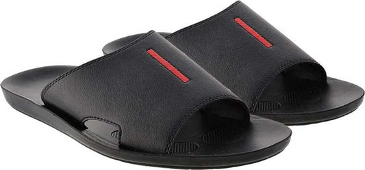 Aerosoft Men's Black Slide Sandals with Red Stripe (MA9001) - Comfortable Leather Slides with Arch Support and Breathable Insole