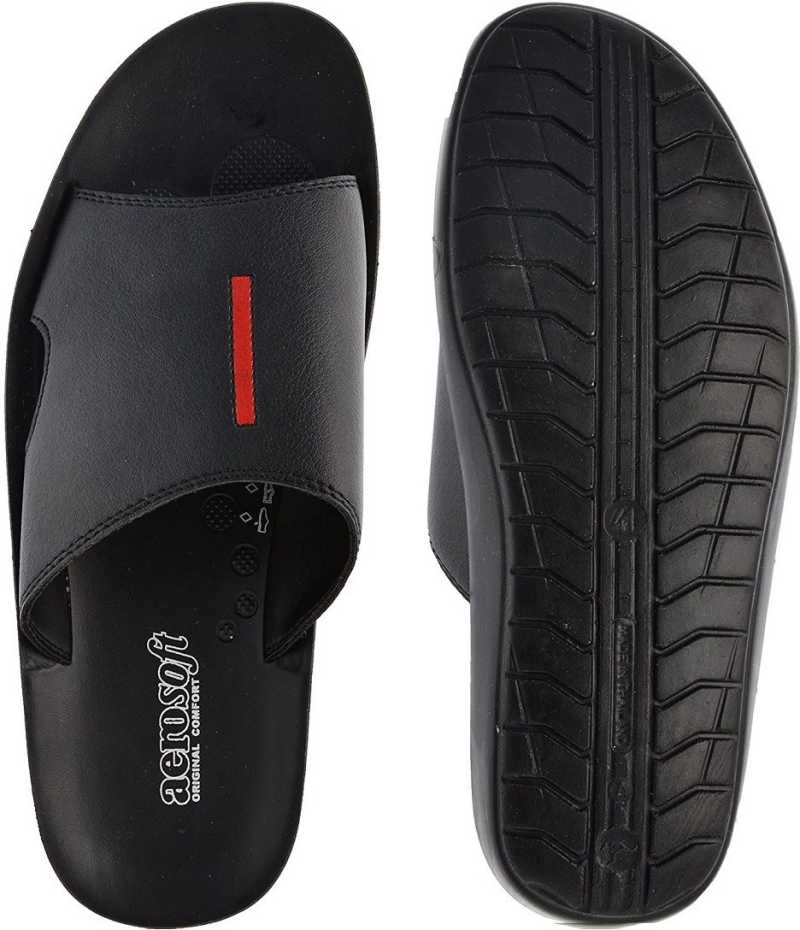 Aerosoft Men's Black Slide Sandals with Red Stripe (MA9001) - Comfortable Leather Slides with Arch Support and Breathable Insole