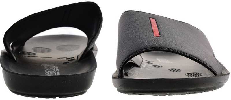 Aerosoft Men's Black Slide Sandals with Red Stripe (MA9001) - Comfortable Leather Slides with Arch Support and Breathable Insole