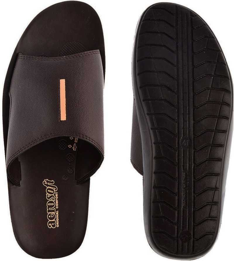 Aerosoft Men's Brown Slide Sandals with Red Stripe (MA9001) - Comfortable Leather Slides with Arch Support and Breathable Insole!
