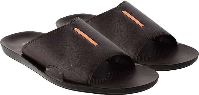 Aerosoft Men's Brown Slide Sandals with Red Stripe (MA9001) - Comfortable Leather Slides with Arch Support and Breathable Insole!