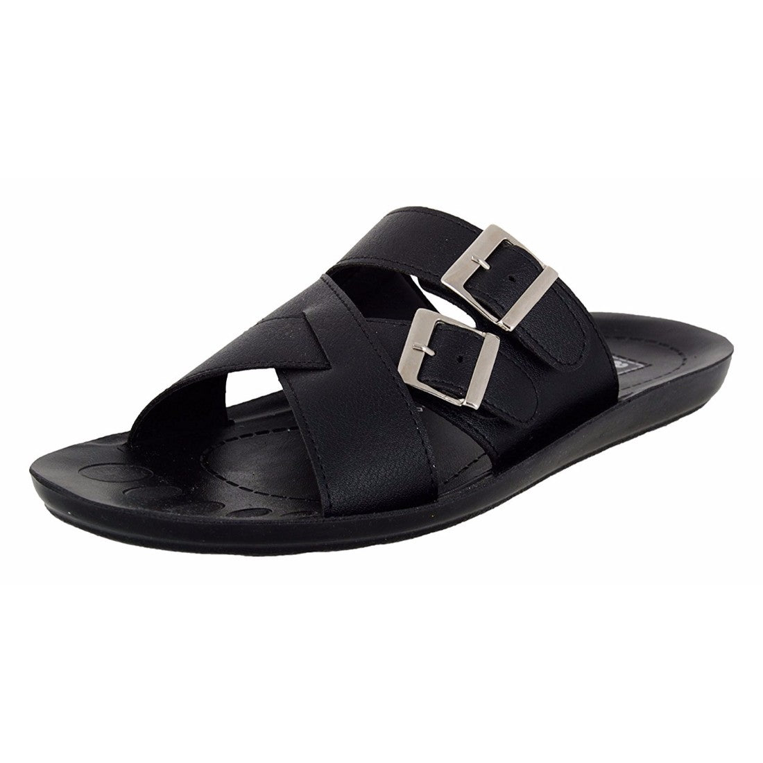 Aerosoft Men's Black Adjustable Double-Strap Slide Sandals (MA9014) - Comfortable Leather Slides with Silver H-Buckle and Breathable Insole!