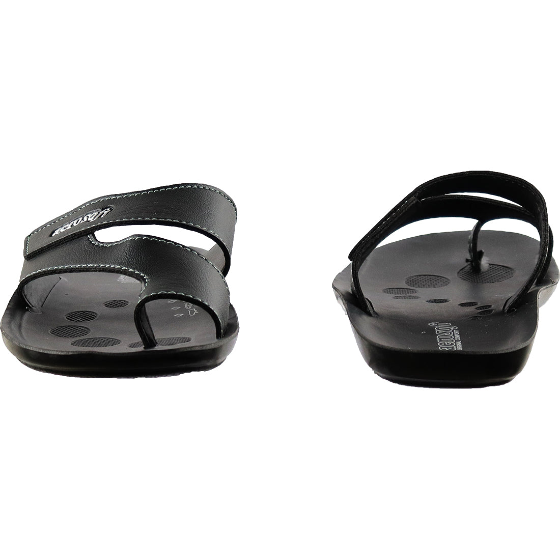 Aerosoft Men's Black Double Strap Thong Sandals (MA9036) - Comfortable Leather Flip Flops with Breathable Insole and Arch Support!