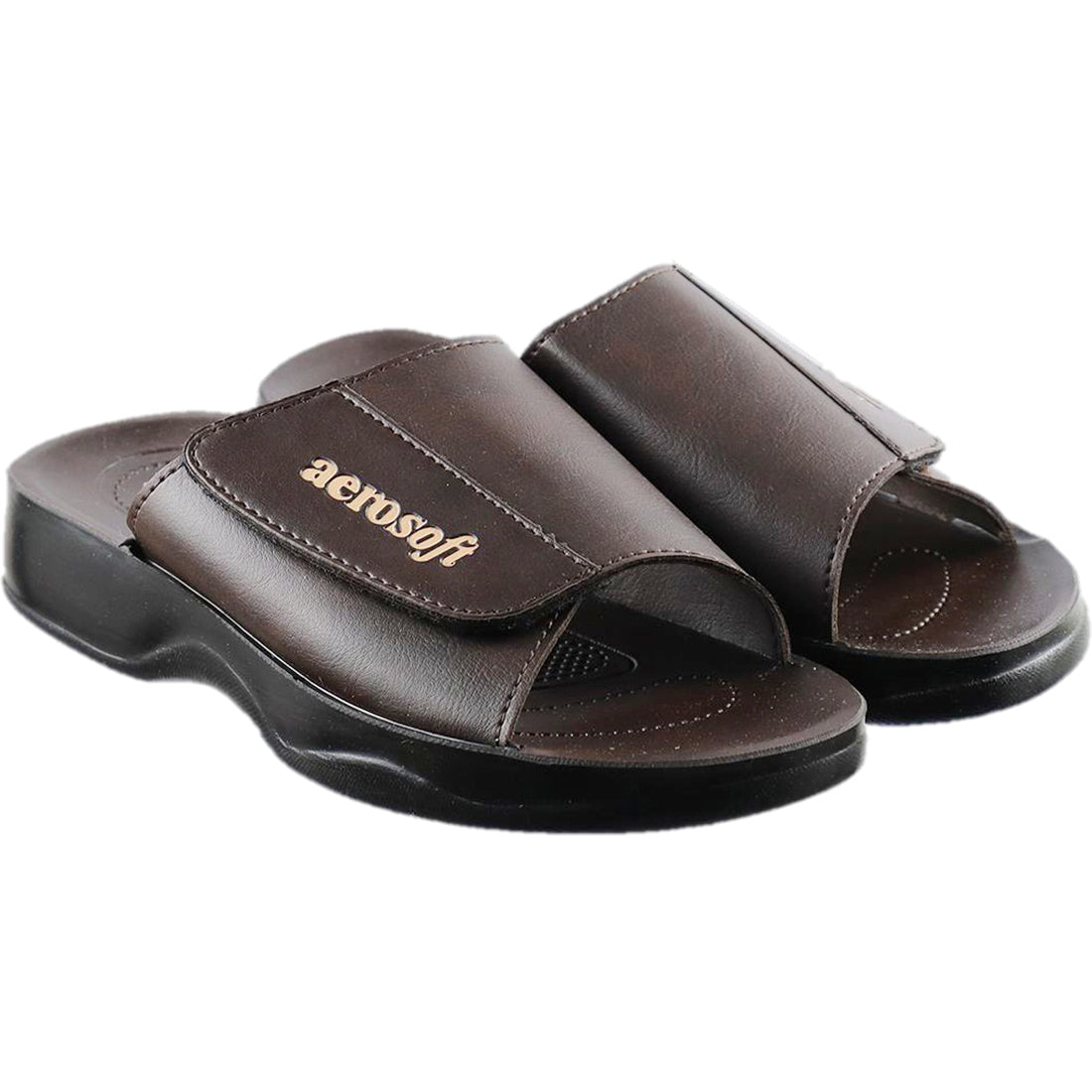 Aerosoft Men's Brown Velcro Slide Sandals (MA4801) - Adjustable Comfort Slides for All-Day Support!