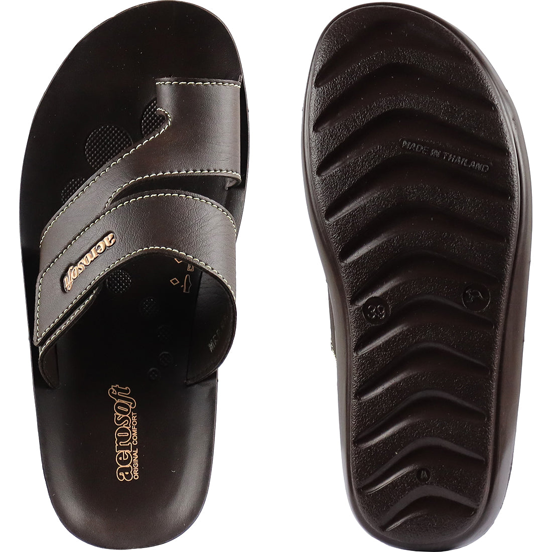Aerosoft Men's Brown Double Strap Thong Sandals (MA9036) - Comfortable Leather Flip Flops with Breathable Insole and Arch Support!