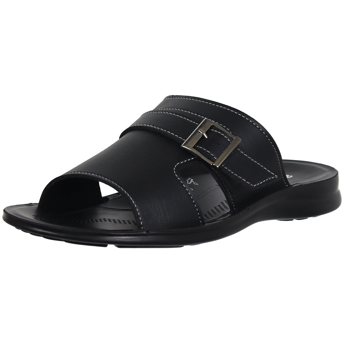 Aerosoft Men's Black Buckle Slide Sandals (MP0215) - Comfortable Leather Slides with Silver Buckle and Arch Support!