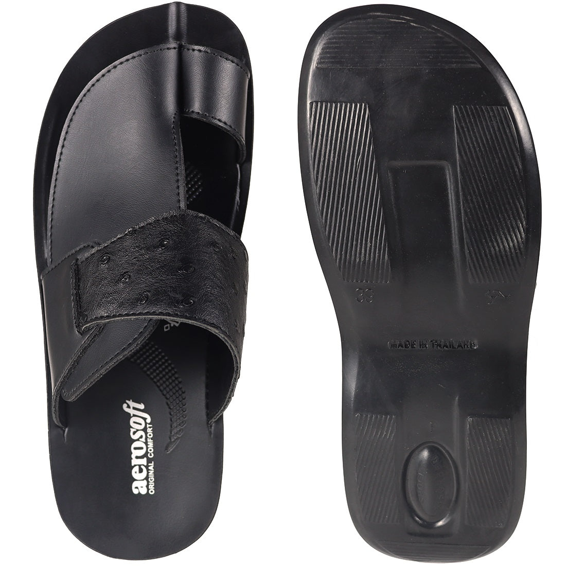 Aerosoft Men's Black Ostrich Leather Thong Sandals (MA81A8) - Luxurious Leather Flip Flops with Arch Support and Breathable Insole!