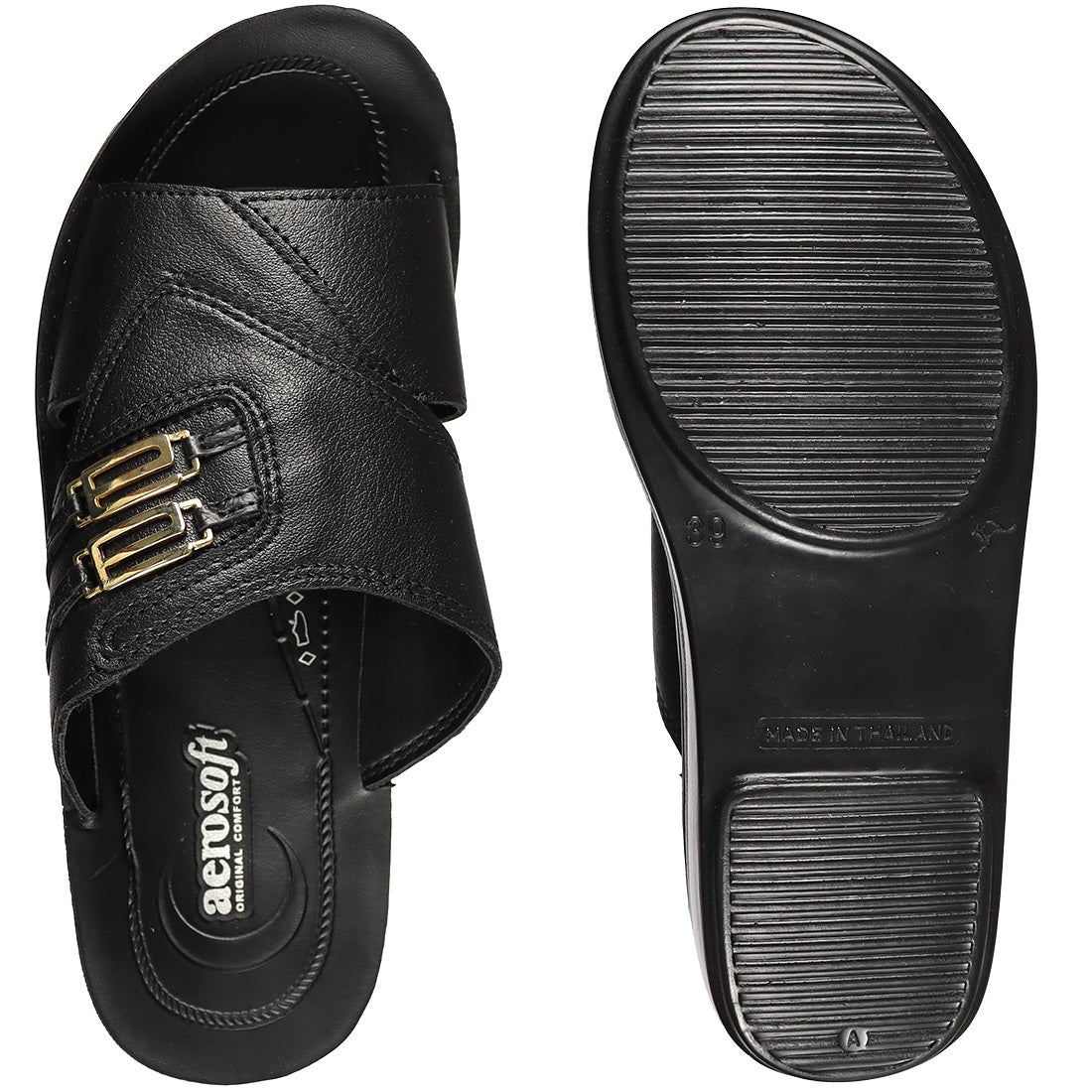 Aerosoft Men's Black Cross-Strap Gold Buckle Slide Sandals (MA5804) - Luxurious Leather Sandals with Arch Support and Breathable Insole!