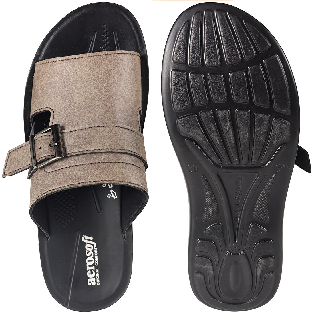 Aerosoft Men's Caramel Buckle Slide Sandals (MP0215) - Comfortable Leather Slides with Silver Buckle and Arch Support!