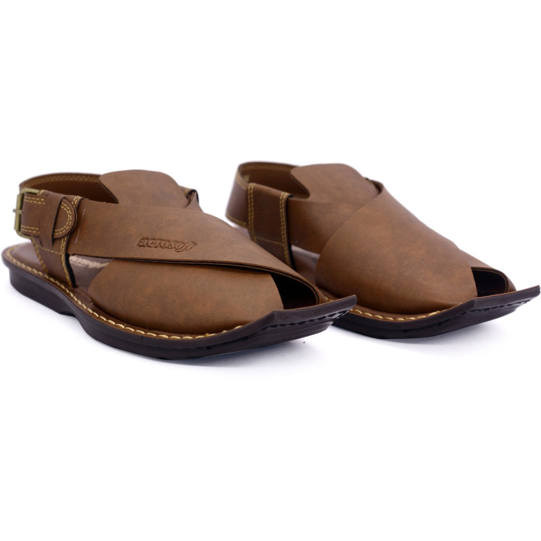 Aerosoft Men's Tan Cross-Strap Buckle Sandals (MA5001) - Traditional Peshawari Style with Modern Comfort!