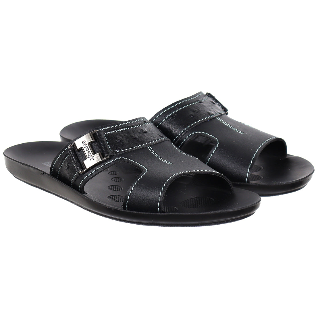 Aerosoft Men's Black Ostrich Print and Buckle Slide Sandals (MA9020) - Comfortable Leather Slides with Blue Stitching and Arch Support!