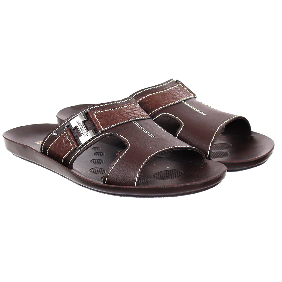 Aerosoft Men's Brown Ostrich Print and Buckle Slide Sandals (MA9020) - Comfortable Leather Slides with Blue Stitching and Arch Support!