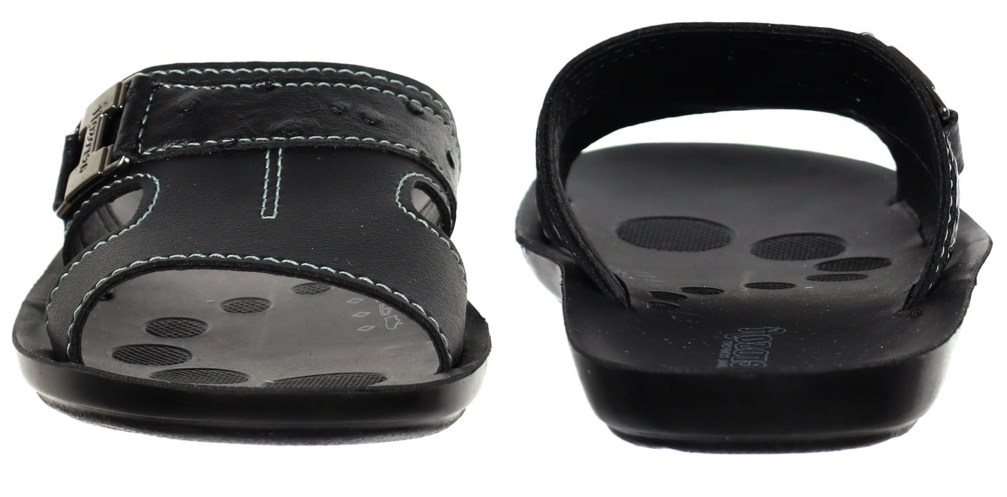 Aerosoft Men's Black Ostrich Print and Buckle Slide Sandals (MA9020) - Comfortable Leather Slides with Blue Stitching and Arch Support!