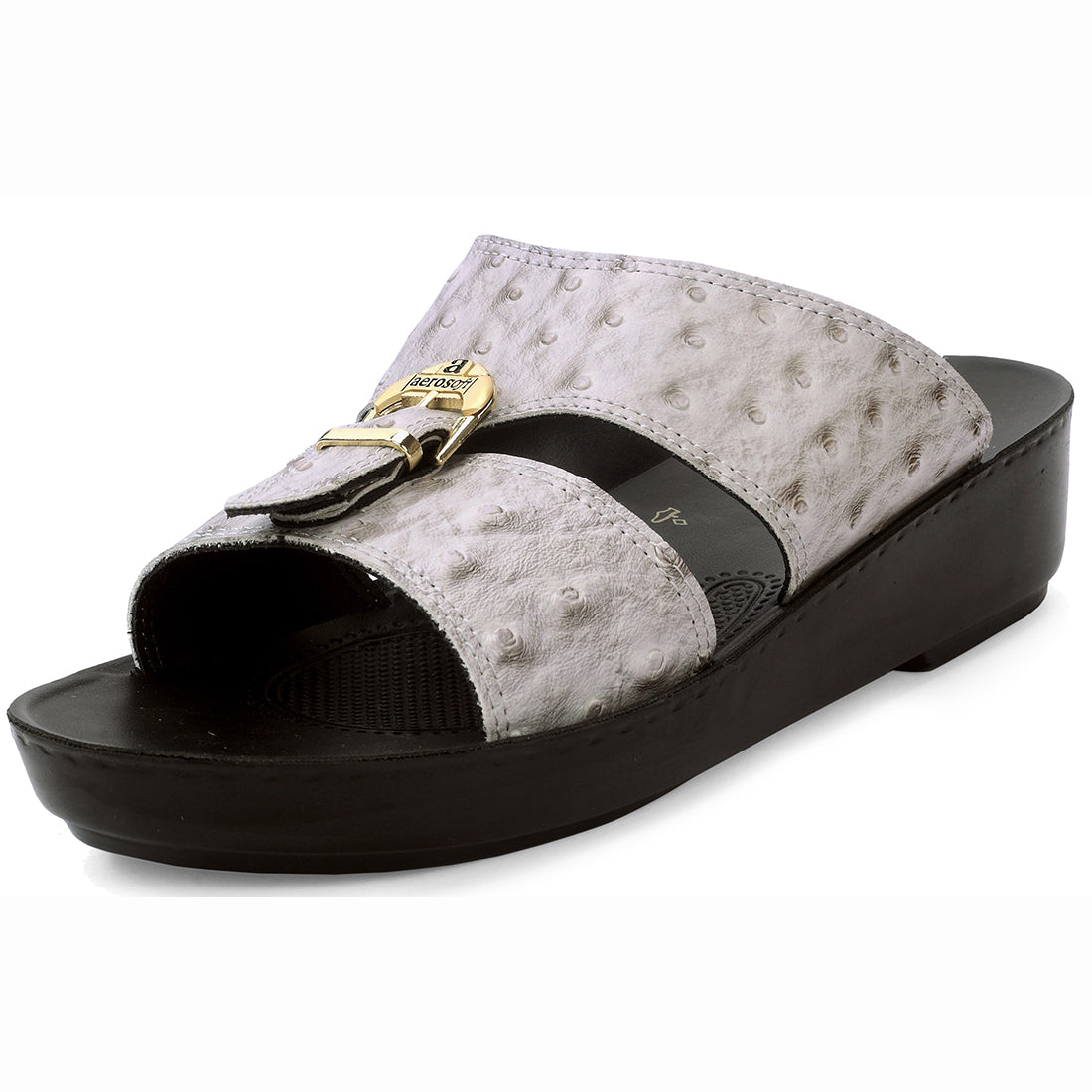 Aerosoft Men's White-Black Ostrich Print Buckle Slide Sandals (MA8361) - Luxurious Comfort Sandals with Arch Support and Gold Accents!