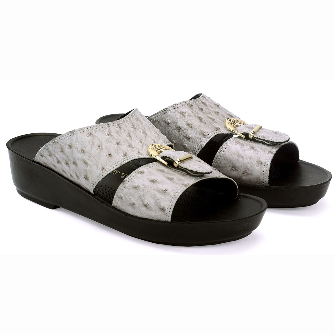 Aerosoft Men's White-Black Ostrich Print Buckle Slide Sandals (MA8361) - Luxurious Comfort Sandals with Arch Support and Gold Accents!
