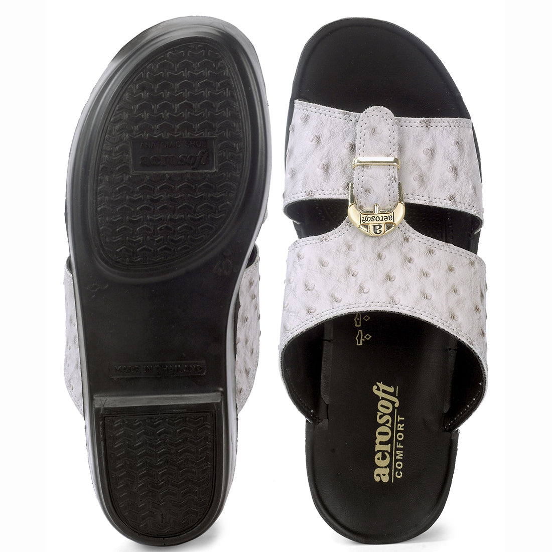 Aerosoft Men's White-Black Ostrich Print Buckle Slide Sandals (MA8361) - Luxurious Comfort Sandals with Arch Support and Gold Accents!