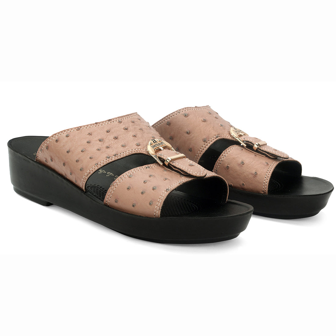 Aerosoft Men's Tan-Black Ostrich Print Buckle Slide Sandals (MA8361) - Luxurious Comfort Sandals with Arch Support and Gold Accents!