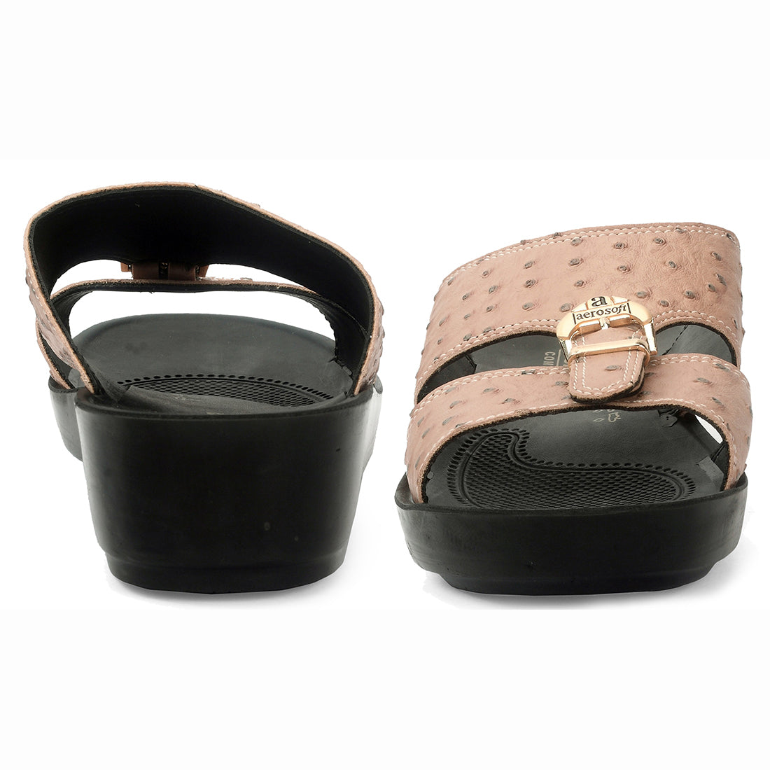 Aerosoft Men's Tan-Black Ostrich Print Buckle Slide Sandals (MA8361) - Luxurious Comfort Sandals with Arch Support and Gold Accents!