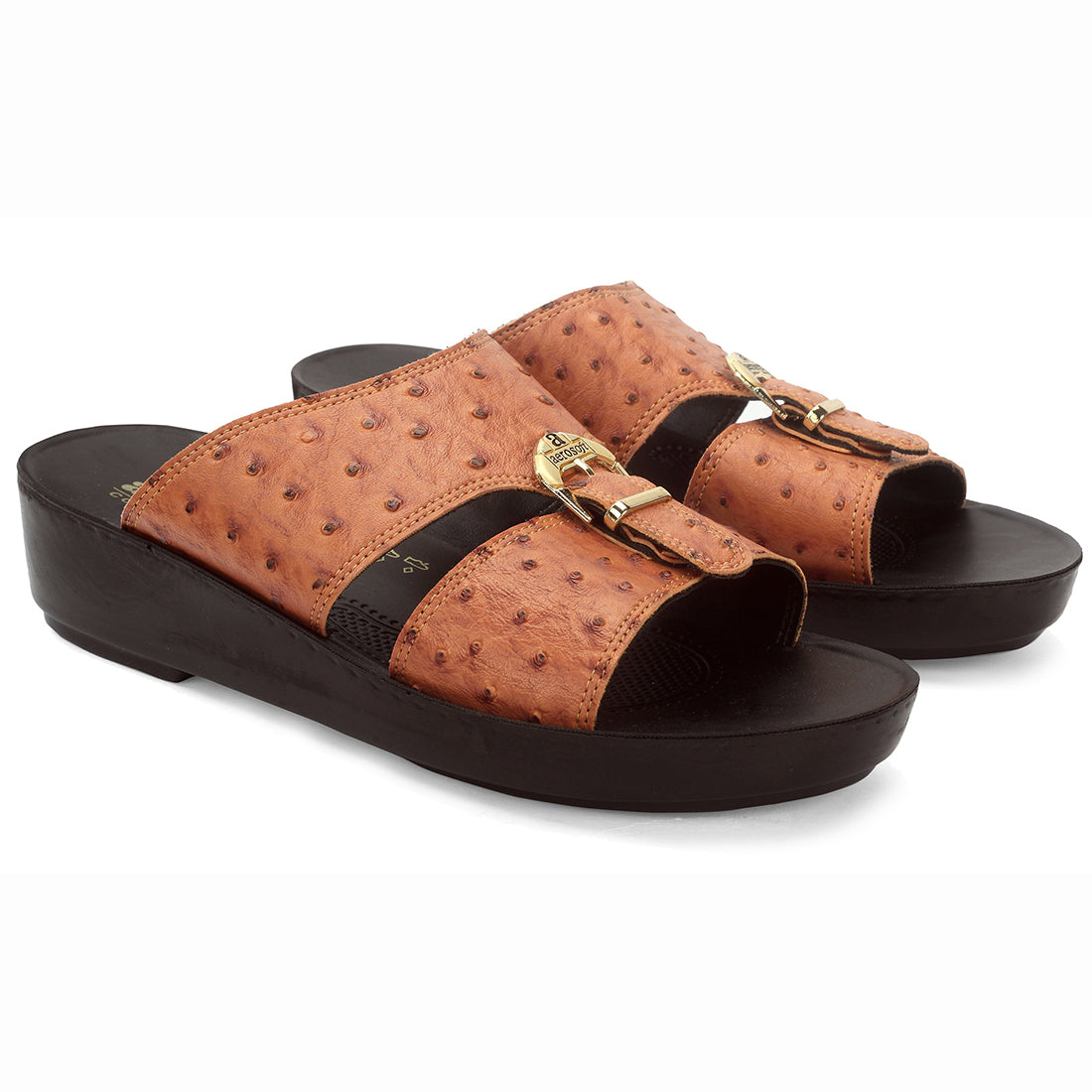 Aerosoft Men's Brown-Black Ostrich Print Buckle Slide Sandals (MA8361) - Luxurious Comfort Sandals with Arch Support and Gold Accents!