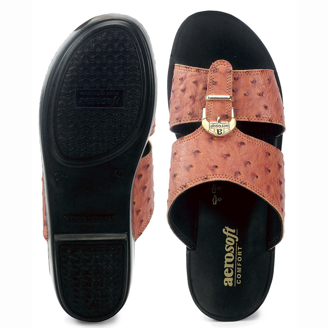 Aerosoft Men's Brown-Black Ostrich Print Buckle Slide Sandals (MA8361) - Luxurious Comfort Sandals with Arch Support and Gold Accents!