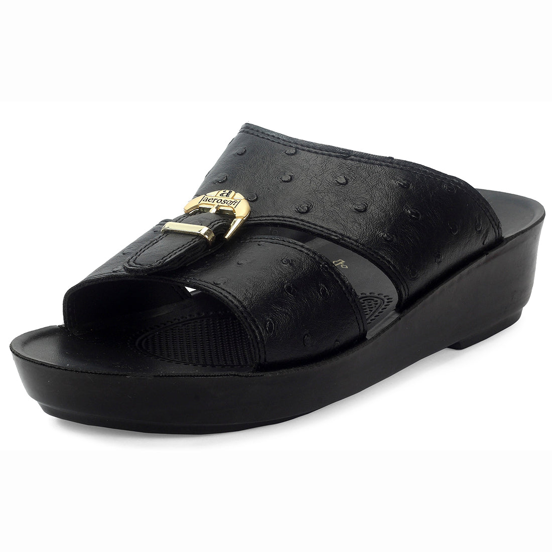 Aerosoft Men's Black Ostrich Print Buckle Slide Sandals (MA8361) - Luxurious Comfort Sandals with Arch Support and Gold Accents!