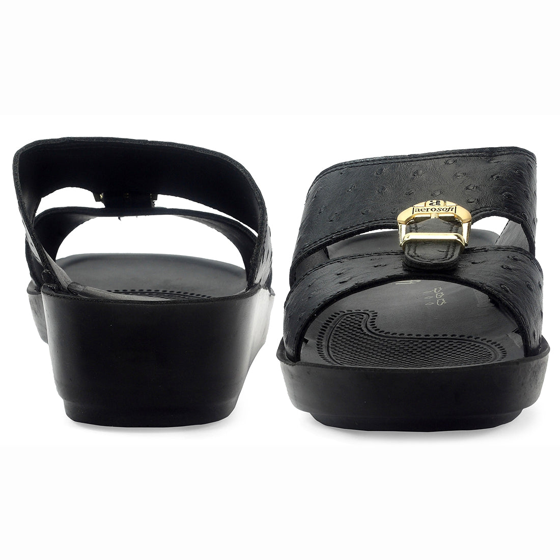 Aerosoft Men's Black Ostrich Print Buckle Slide Sandals (MA8361) - Luxurious Comfort Sandals with Arch Support and Gold Accents!