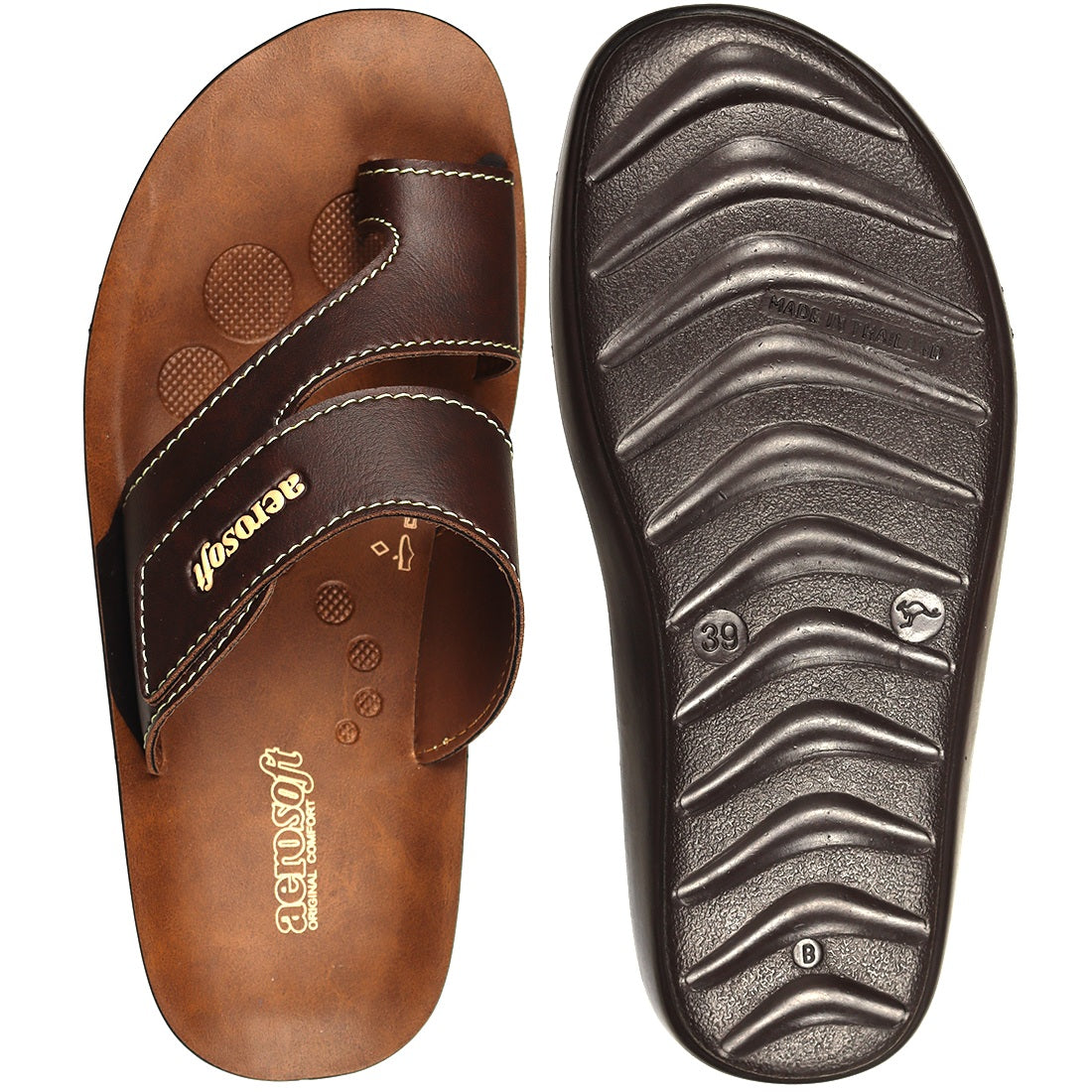 Aerosoft Men's Tan Double Strap Thong Sandals (MA9036) - Comfortable Leather Flip Flops with Breathable Insole and Arch Support!