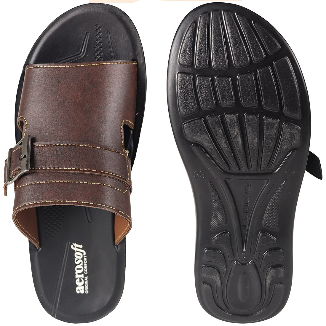 Aerosoft Men's SoftBrown Buckle Slide Sandals (MP0215) - Comfortable Leather Slides with Silver Buckle and Arch Support!