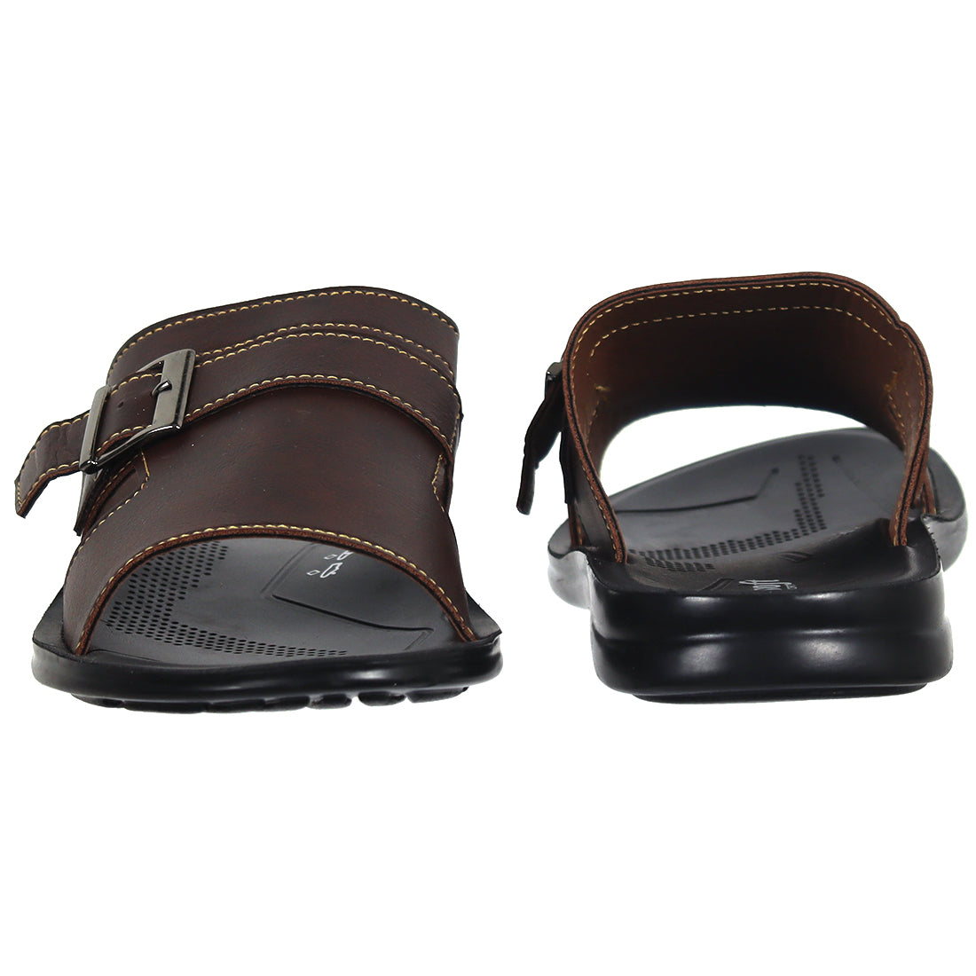 Aerosoft Men's SoftBrown Buckle Slide Sandals (MP0215) - Comfortable Leather Slides with Silver Buckle and Arch Support!