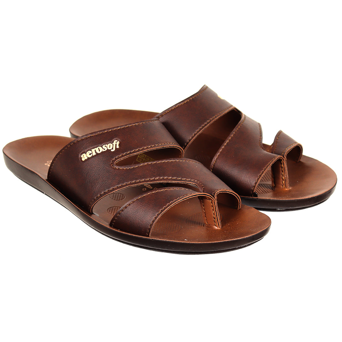 Aerosoft Men's Tan Double Strap Thong Sandals (MA9023) - Comfortable Leather Flip Flops with Breathable Insole and Arch Support!
