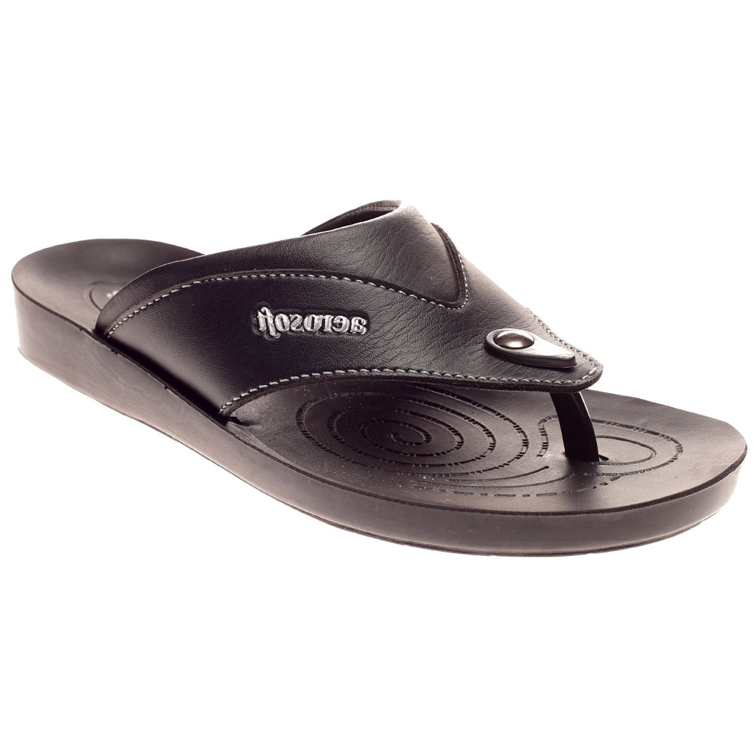 Aerosoft Men's Black V-Strap Thong Sandals (MA8707) - Comfortable Leather Flip Flops with Spiral Massage Sole and Arch Support!