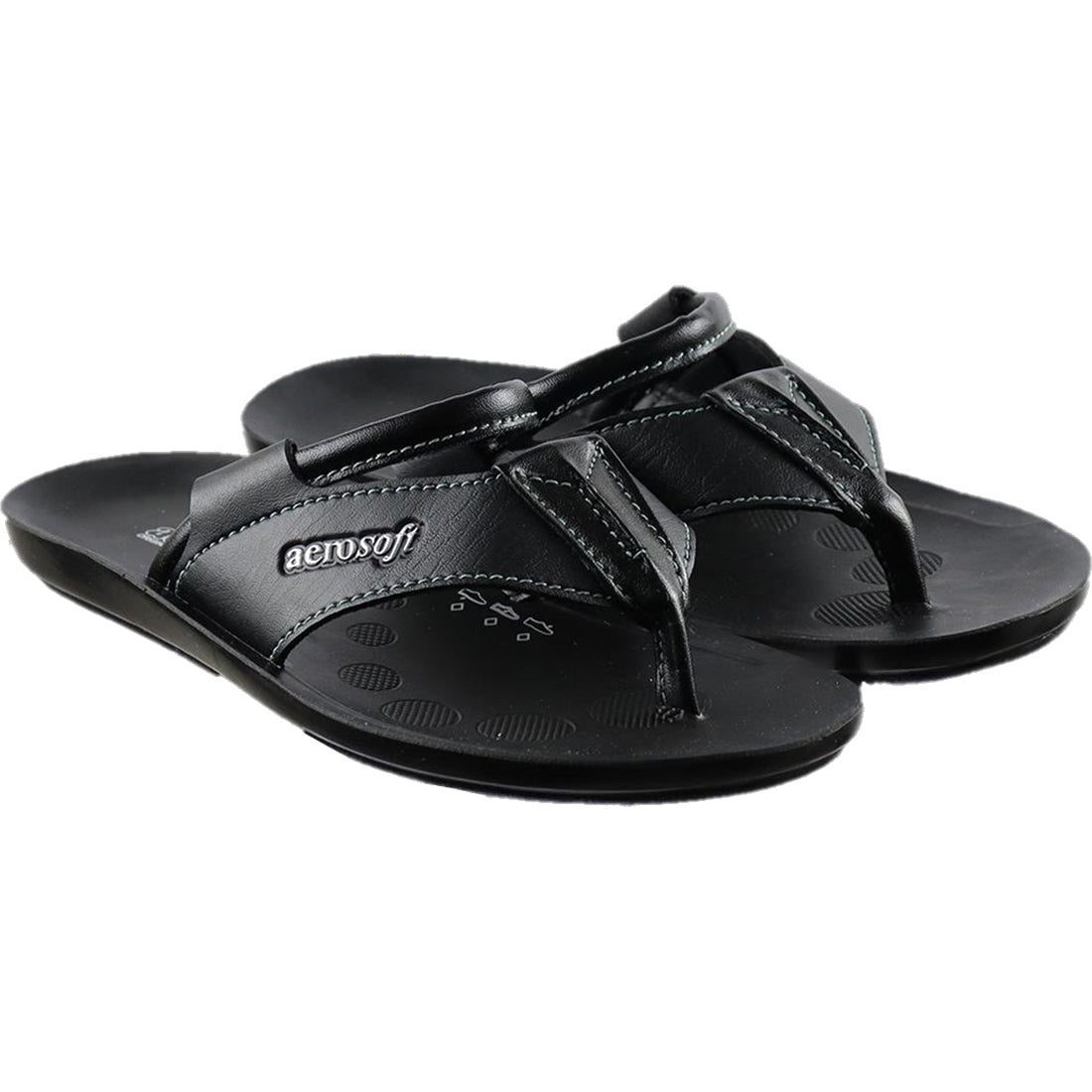 Aerosoft Men's Black V-Strap Thong Sandals (MA9042) - Comfortable Leather Flip Flops with White Stitching and Arch Support