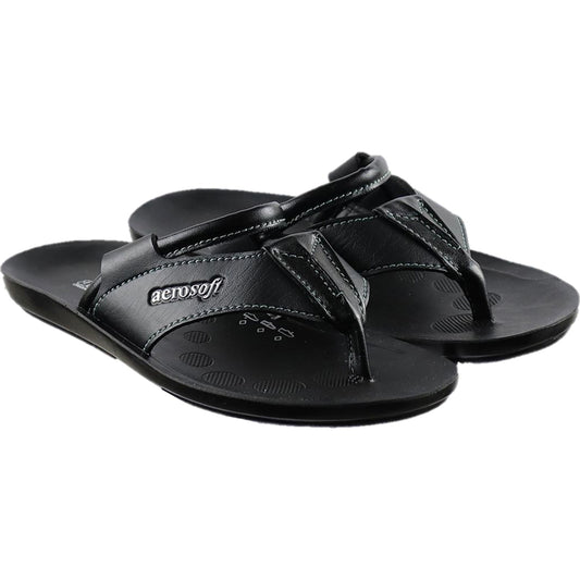 Aerosoft Men's Black V-Strap Thong Sandals (MA9042) - Comfortable Leather Flip Flops with White Stitching and Arch Support