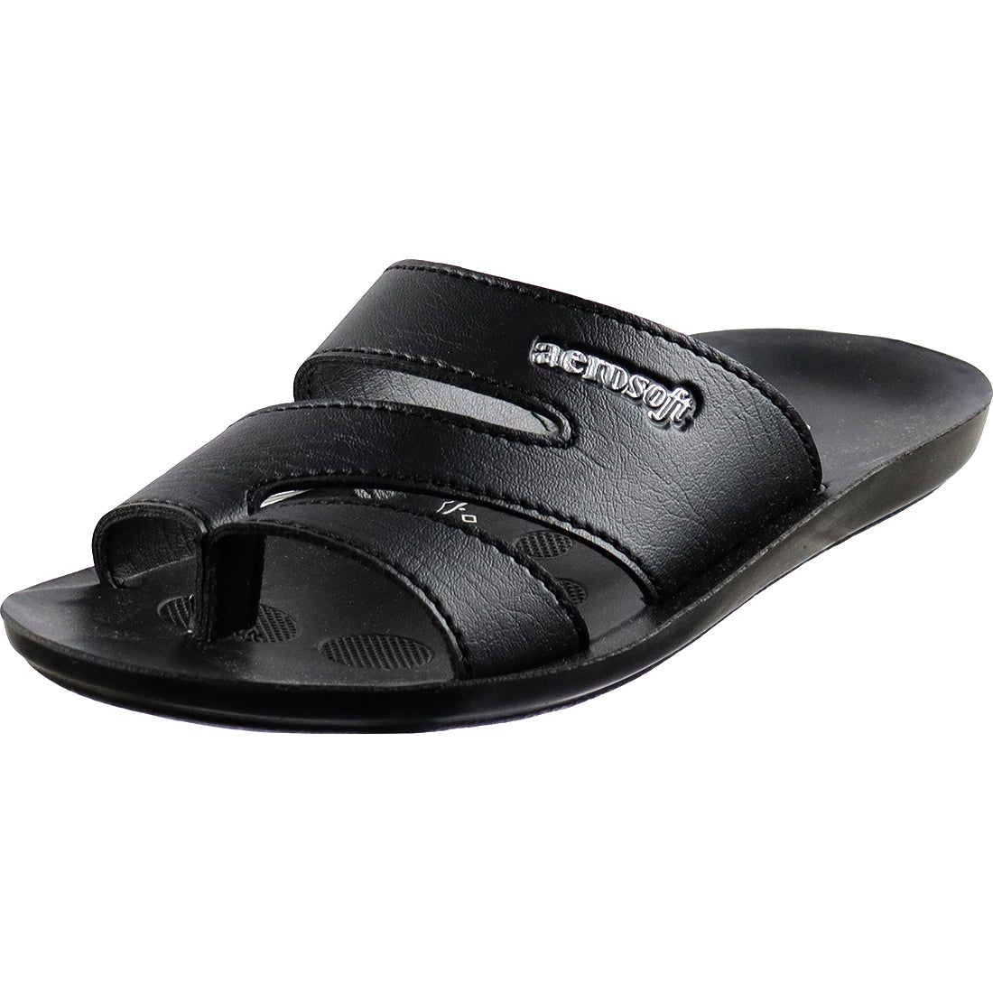 Aerosoft Men's Black Double Strap Thong Sandals (MA9023) - Comfortable Leather Flip Flops with Breathable Insole and Arch Support!