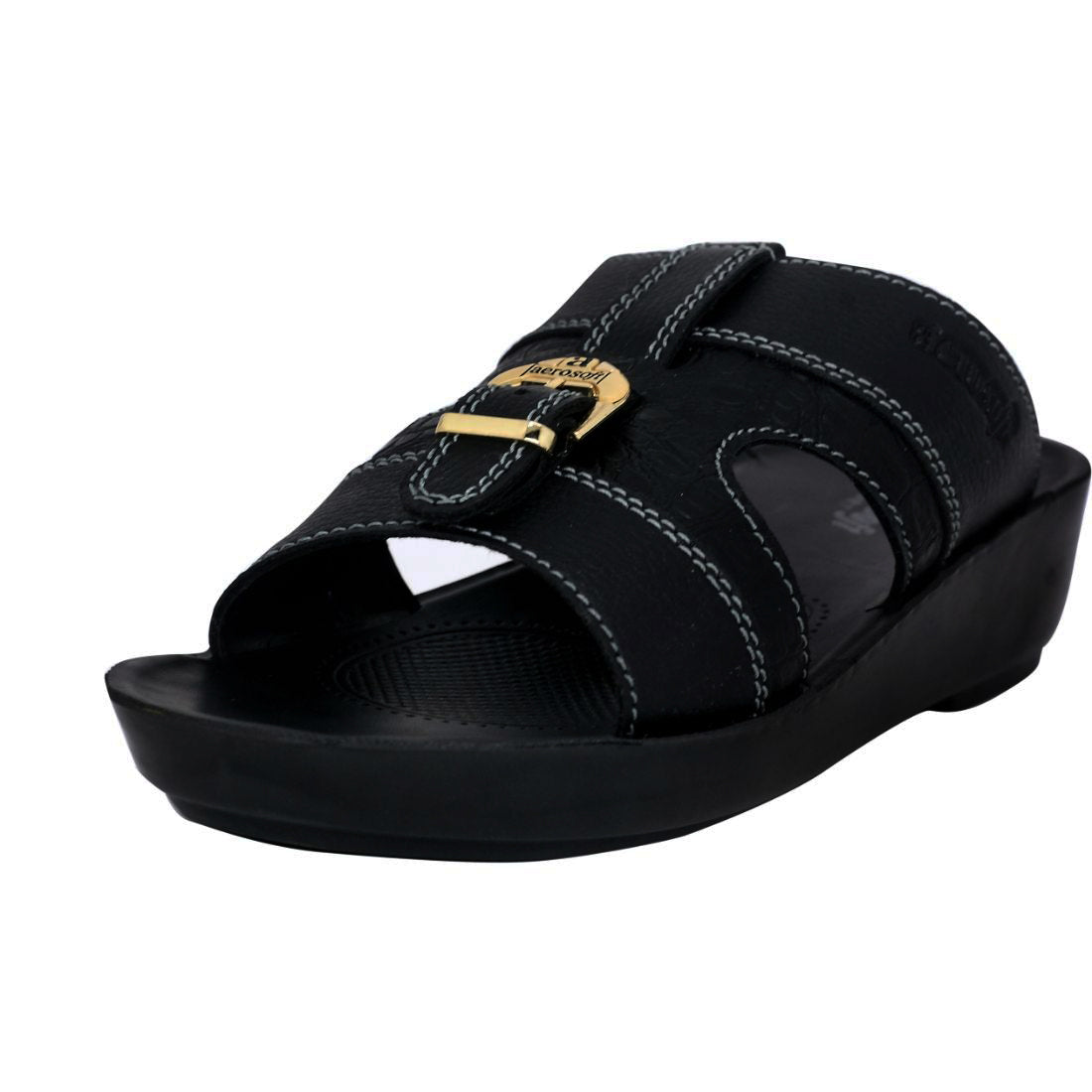 Aerosoft Men's Black Multi-Strap Buckle Sandals (MA8343) - Comfortable Leather Sandals with Gold Buckle and Arch Support!