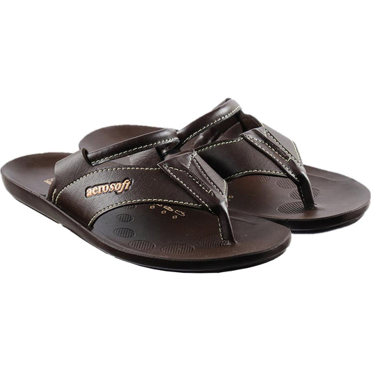 Aerosoft Men's Brown V-Strap Thong Sandals (MA9042) - Comfortable Leather Flip Flops with White Stitching and Arch Support!