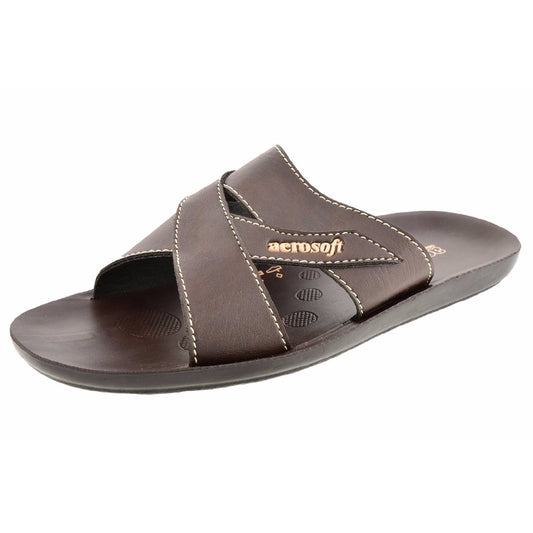 Aerosoft Men's Brown Cross-Strap Slide Sandals (MA9033) - Comfortable Leather Slides with Breathable Insole and Arch Support!