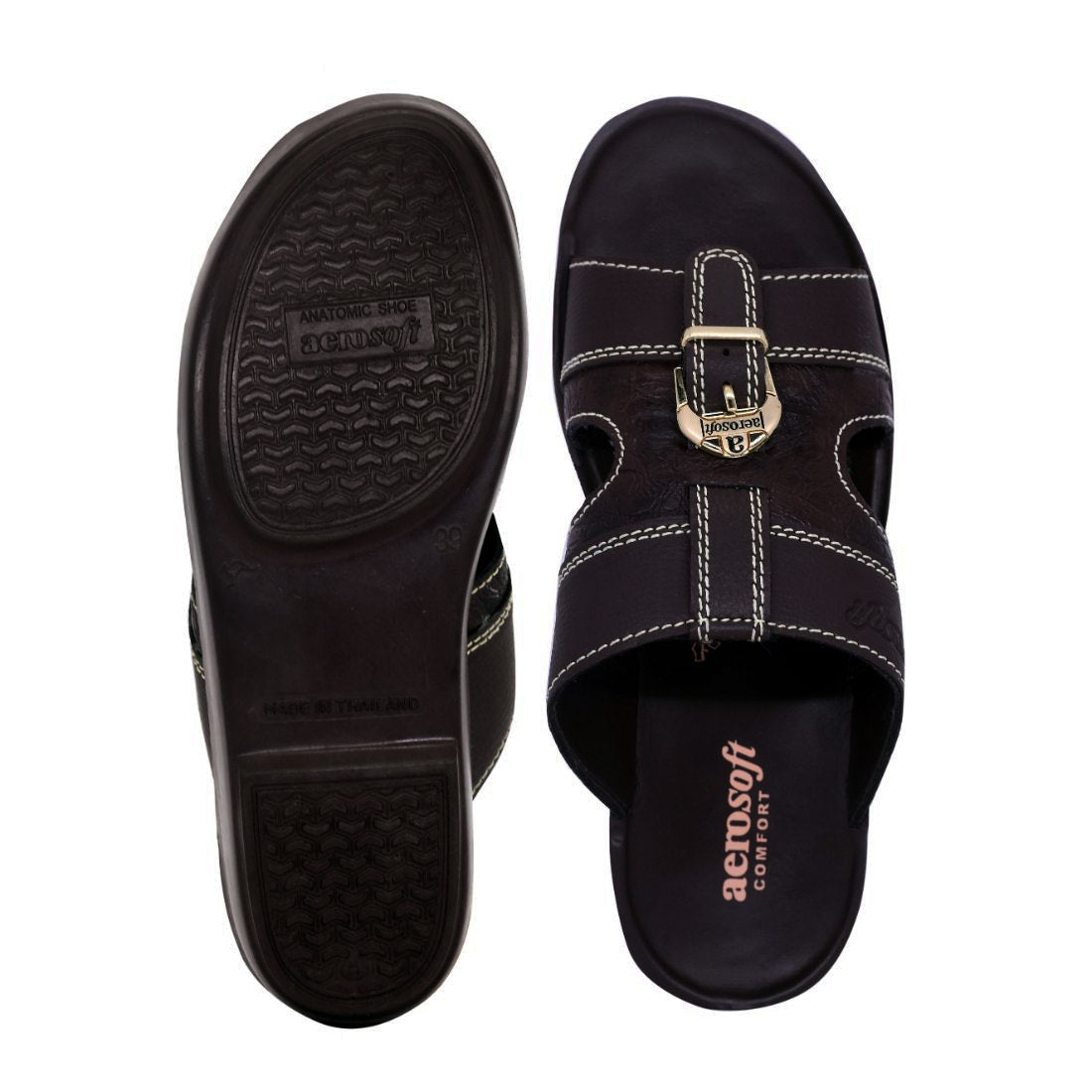 Aerosoft Men's Brown Multi-Strap Buckle Sandals (MA8343) - Comfortable Leather Sandals with Gold Buckle and Arch Support!