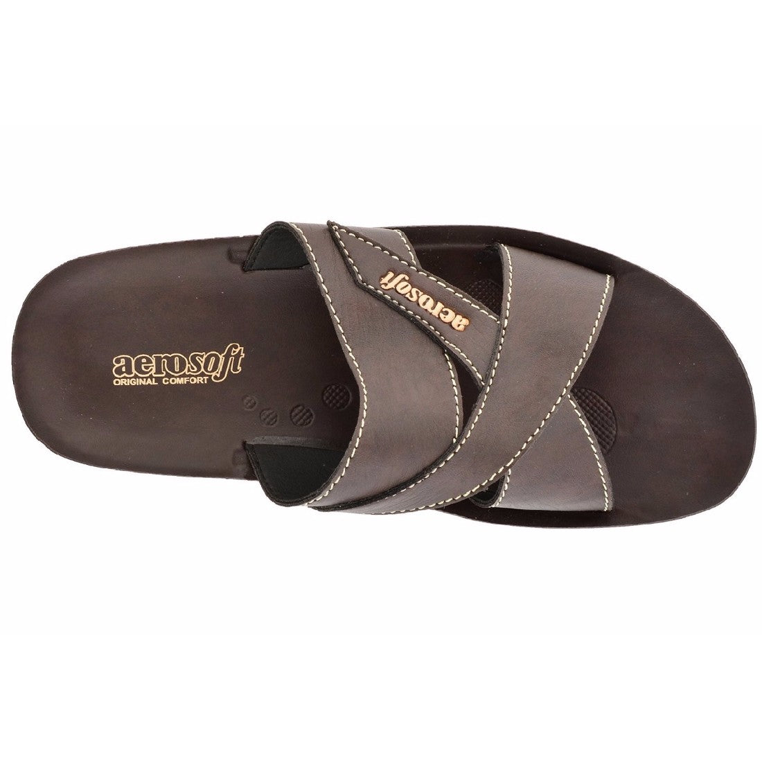 Aerosoft Men's Brown Cross-Strap Slide Sandals (MA9033) - Comfortable Leather Slides with Breathable Insole and Arch Support!