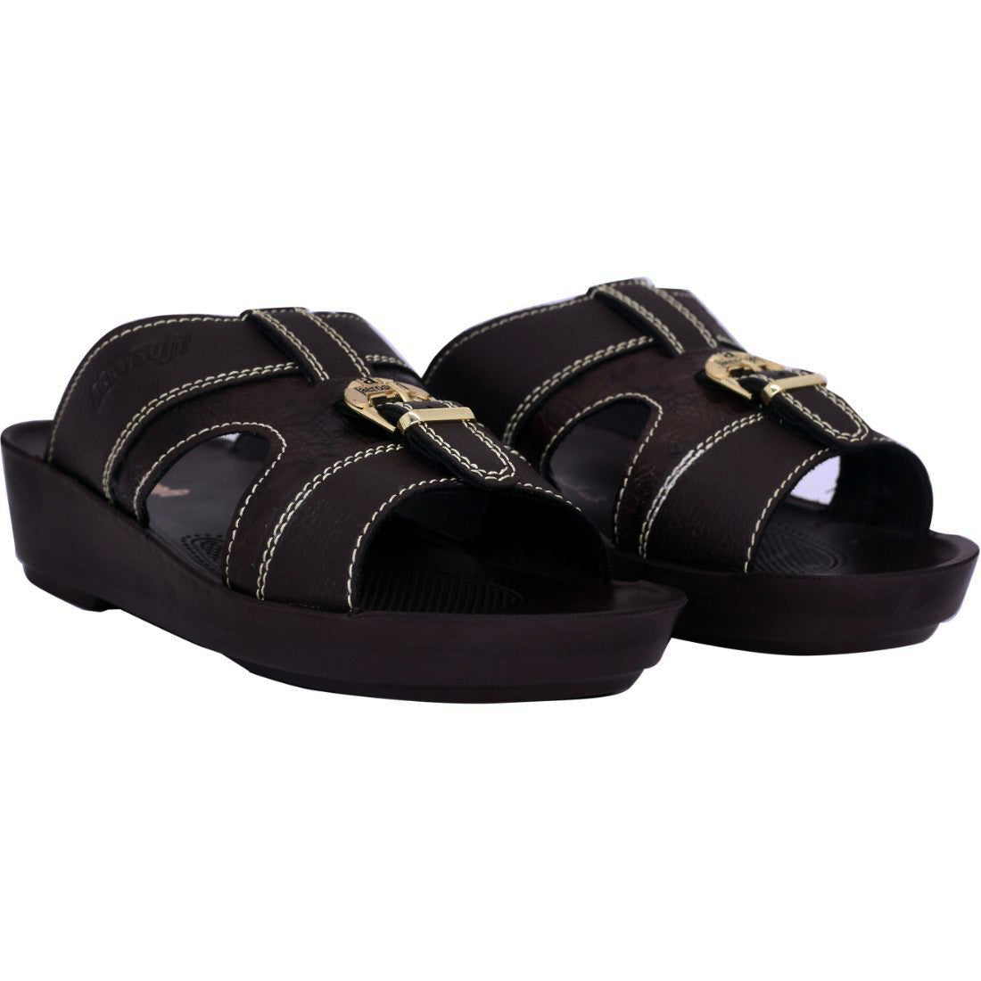 Aerosoft Men's Brown Multi-Strap Buckle Sandals (MA8343) - Comfortable Leather Sandals with Gold Buckle and Arch Support!