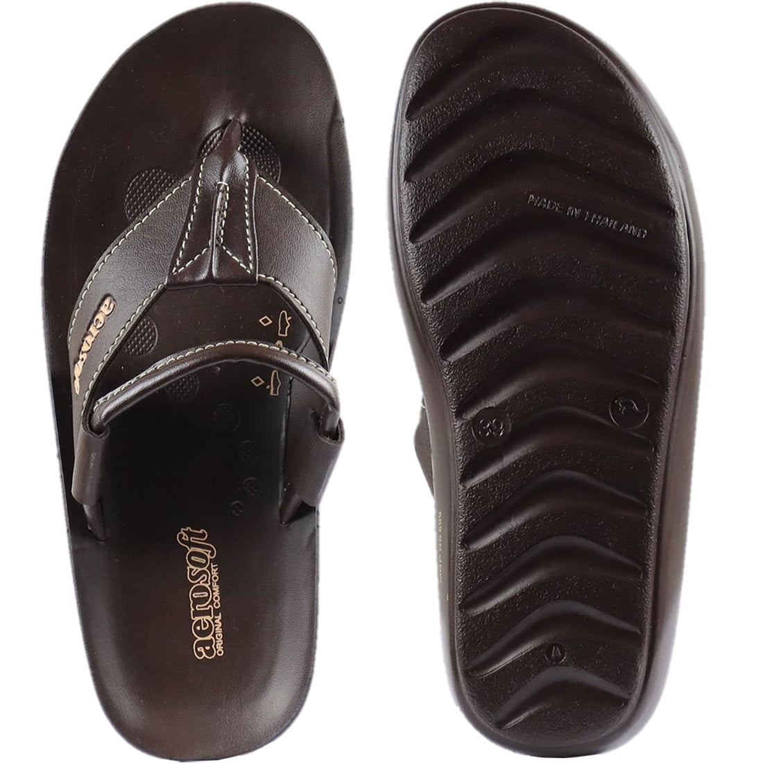 Aerosoft Men's Brown V-Strap Thong Sandals (MA9042) - Comfortable Leather Flip Flops with White Stitching and Arch Support!