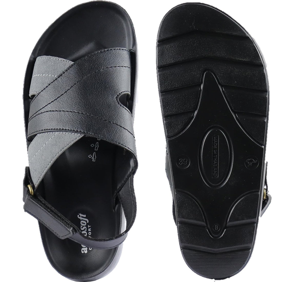 Aerosoft Men's Black-Grey Strappy Buckle Sandals (MA4413) - Adjustable Cross-Strap Slides for Effortless Comfort!
