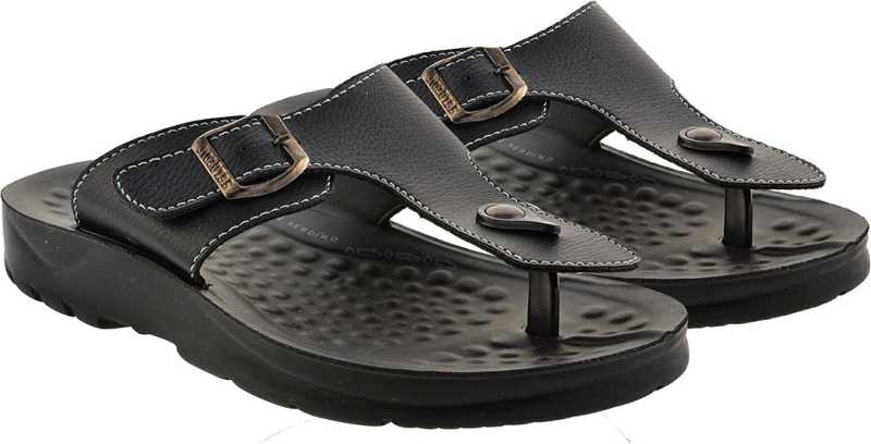 Aerosoft Men's Black Adjustable Buckle Thong Sandals (MA5116) - Comfortable Leather Flip Flops with Massage Sole and Arch Support!
