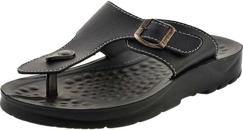 Aerosoft Men's Black Adjustable Buckle Thong Sandals (MA5116) - Comfortable Leather Flip Flops with Massage Sole and Arch Support!