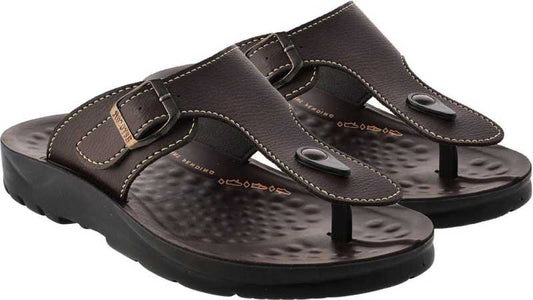 Aerosoft Men's Brown Adjustable Buckle Thong Sandals (MA5116) - Comfortable Leather Flip Flops with Massage Sole and Arch Support!