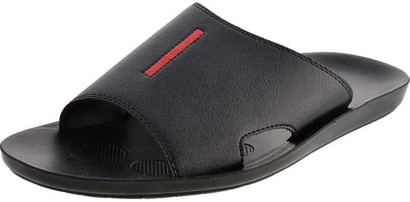 Aerosoft Men's Black Slide Sandals with Red Stripe (MA9001) - Comfortable Leather Slides with Arch Support and Breathable Insole