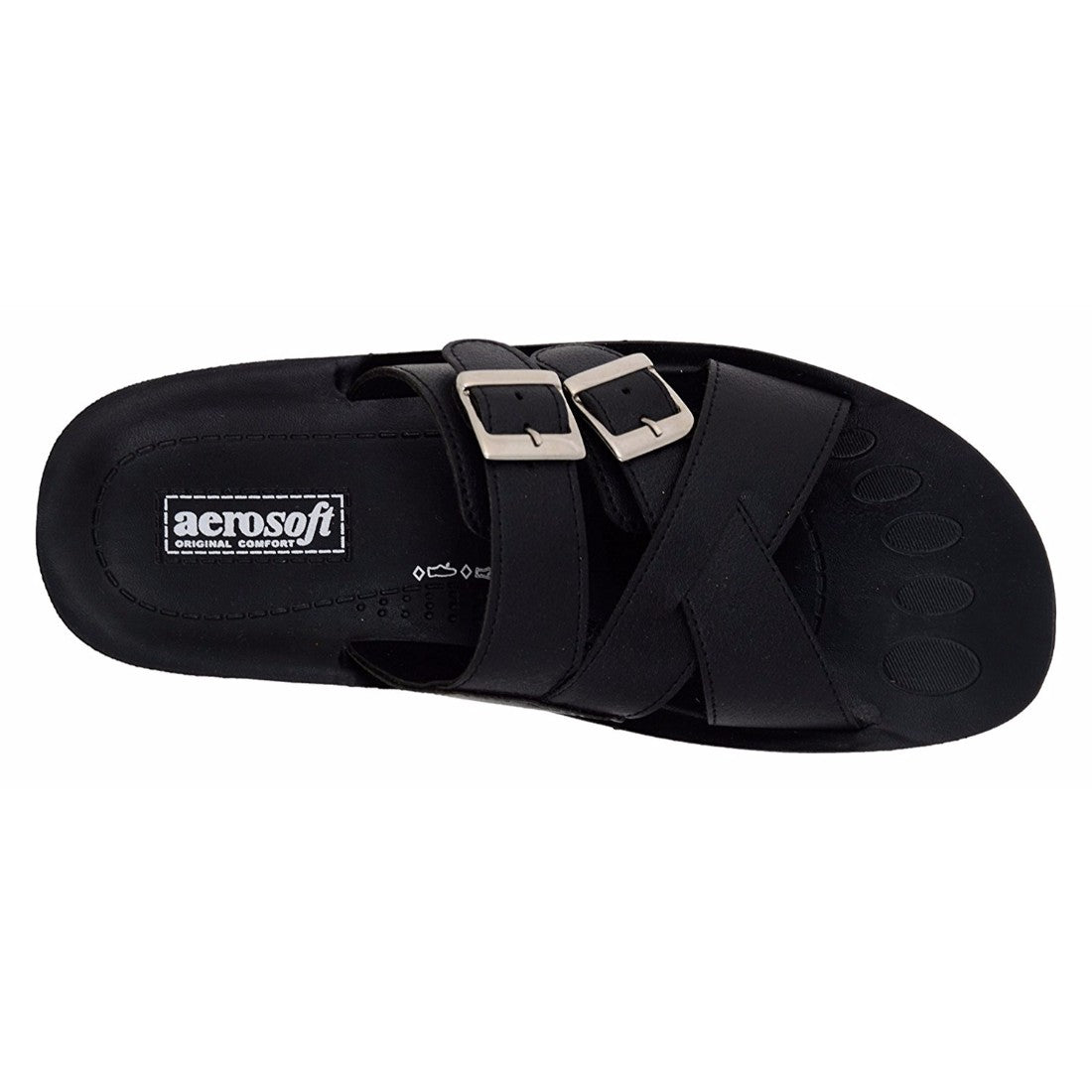 Aerosoft Men's Black Adjustable Double-Strap Slide Sandals (MA9014) - Comfortable Leather Slides with Silver H-Buckle and Breathable Insole!