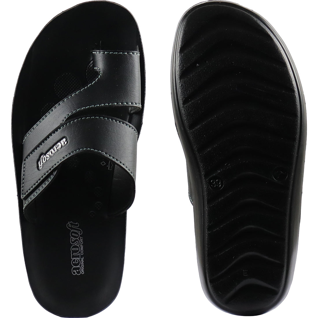 Aerosoft Men's Black Double Strap Thong Sandals (MA9036) - Comfortable Leather Flip Flops with Breathable Insole and Arch Support!