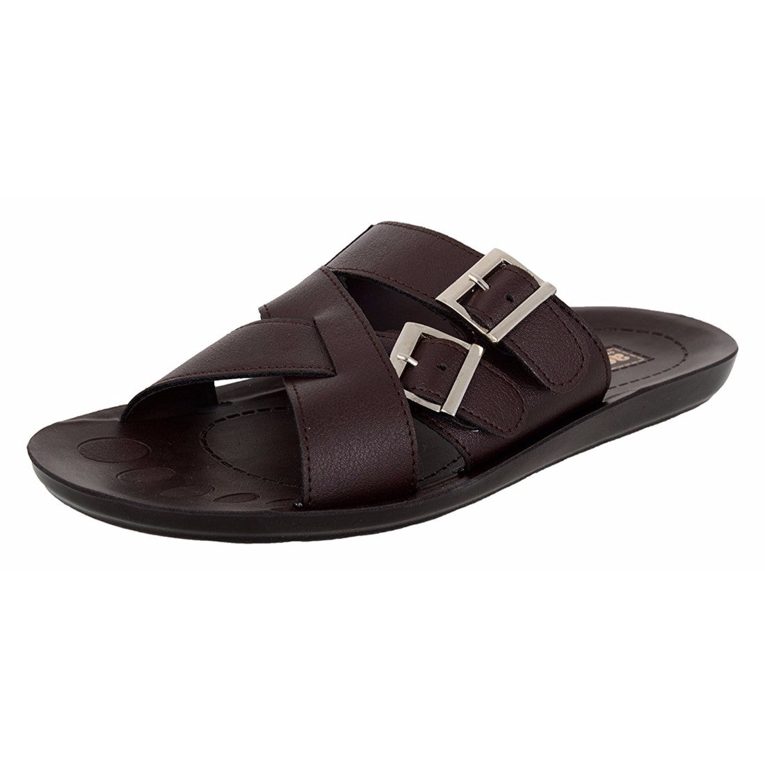 Aerosoft Men's Brown Adjustable Double-Strap Slide Sandals (MA9014) - Comfortable Leather Slides with Silver H-Buckle and Breathable Insole!